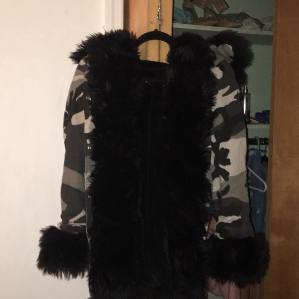 Fur lined hooded camo jacket